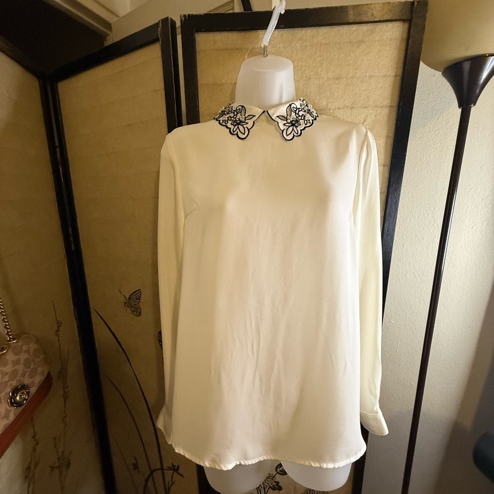Forever 21 Cream Blouse with Black Embroidered Collar